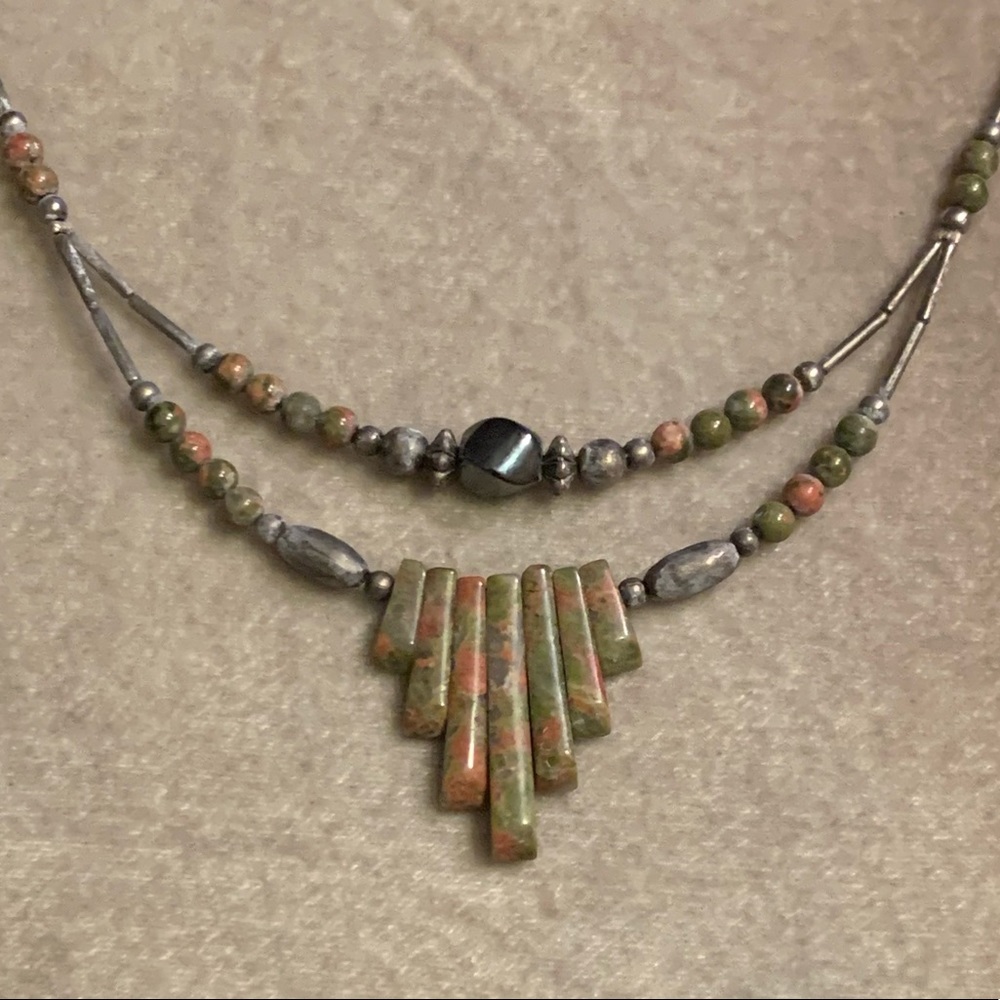 Vintage Silver Hematite Unakite Stone Necklace